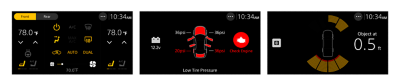 Image of three user interfaces displaying heating controls, tire pressures, an engine warning light and proximity warnings.
