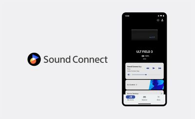 El logotipo de Sound Connect junto a un teléfono celular que muestra la aplicación abierta en su pantalla