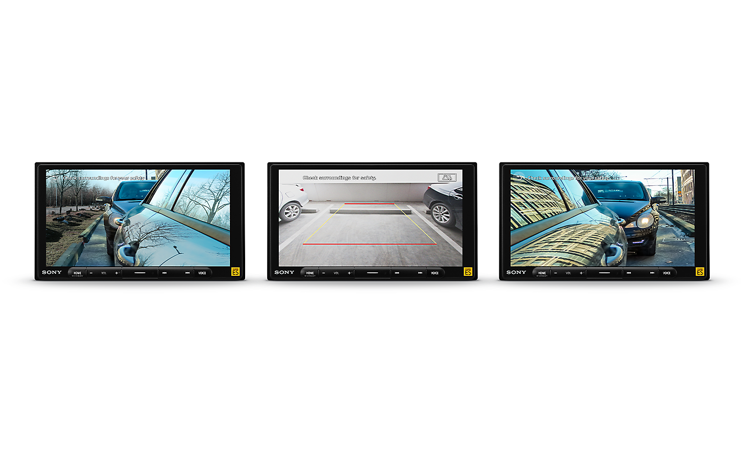 Image of 3 XAV-9000ES units displaying the parking assist camera views from the left, right and reverse cameras.