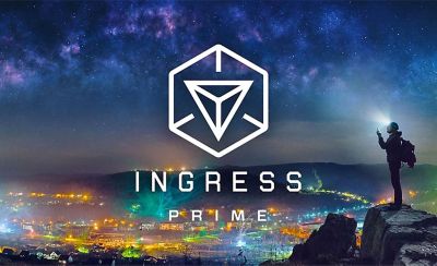City lights, a night sky, and a man standing on a hill wearing a headlamp with the Ingress Prime logo in the foreground.