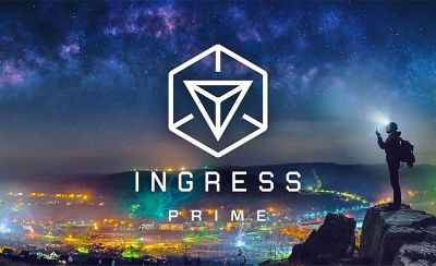 City lights, a night sky and a man standing on a hill wearing a headlamp with the Ingress Prime logo in the foreground.