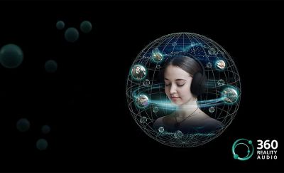 A young woman wearing headphones around whom a graphic demonstrates how 360 Reality Audio works.