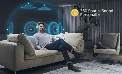 A man wearing headphones sat on a sofa overlaid with a graphic demonstrating how 360 Spatial Sound works.