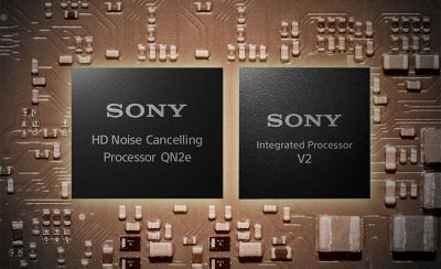 Image of two processors on a motherboard, the left is a HD noise cancelling processor and right the integrated processor V2