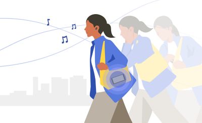 이어버드를 착용하여 음악 재생을 하는 여성의 이미지.