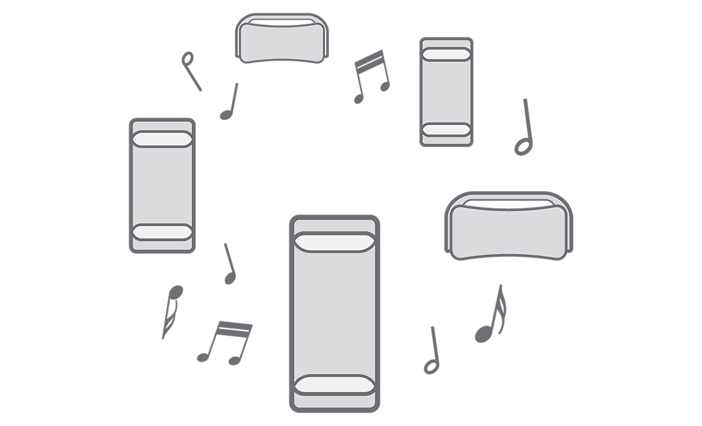 Icon image of various types of speakers with musical notes surrounding them