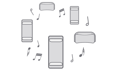 תמונת סמל של סוגי רמקולים שונים עם תווי מוזיקה שמקיפים אותם
