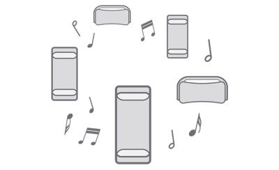 Icon image of various types of speakers with musical notes surrounding them