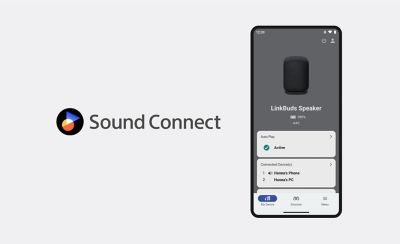 The Sound Connect app logo beside a smartphone displaying a page in the Sound Connect app.