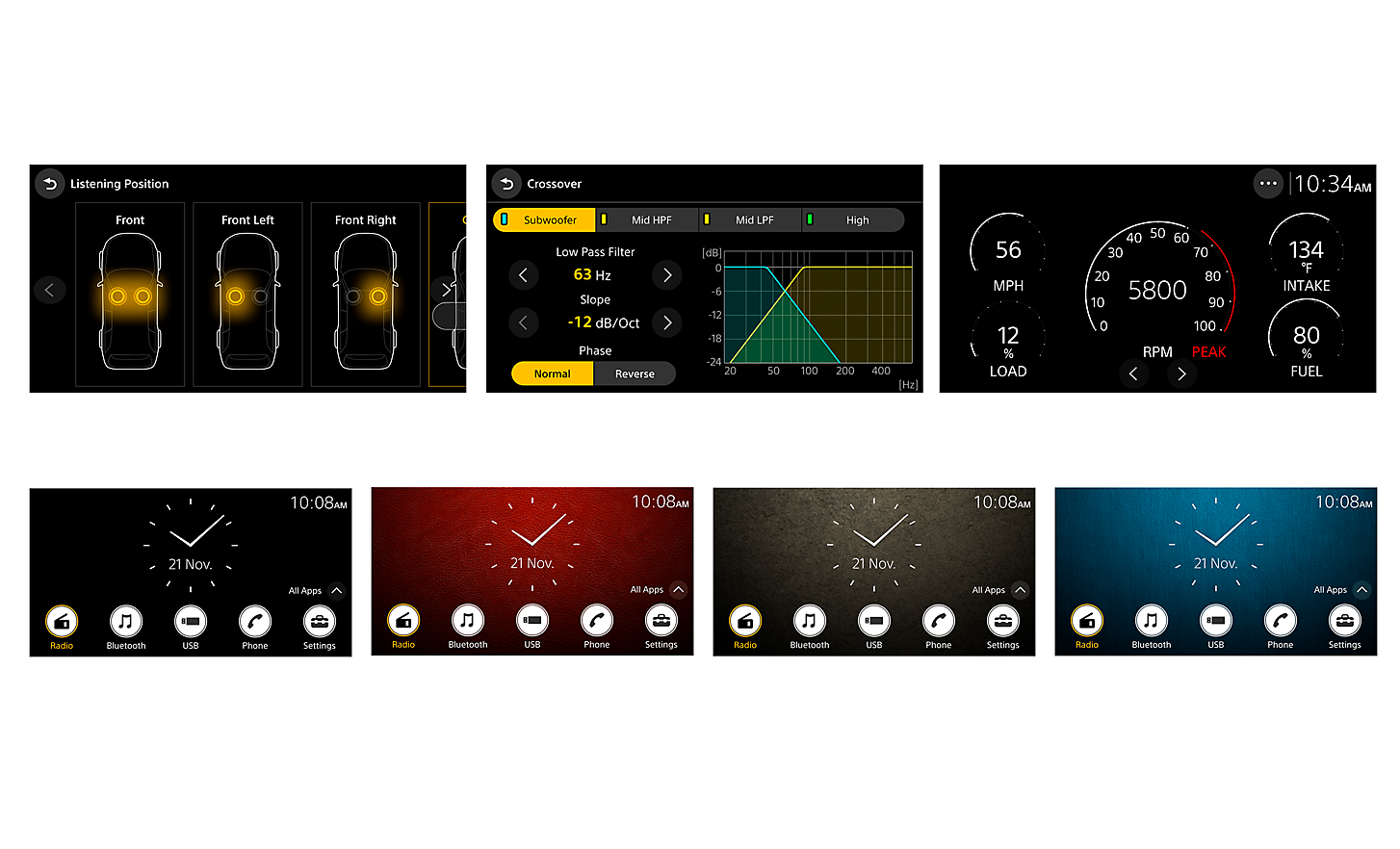 Multiple user interfaces displaying sound controls, engine diagnostics and clock faces with coloured backgrounds.