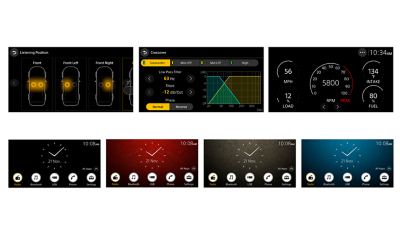 Multiple user interfaces displaying sound controls, engine diagnostics and clock faces with coloured backgrounds.