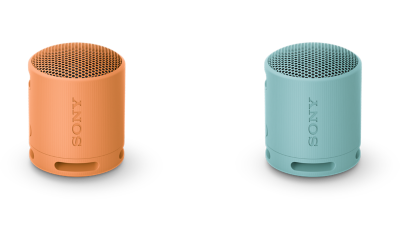Image of the orange and blue SRS-XB100 speakers displaying the engraved Sony logo on a white background