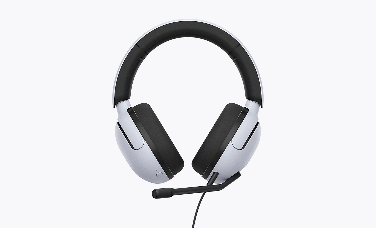 Front profile of the INZONE H5 headphones with the audio cable plugged in
