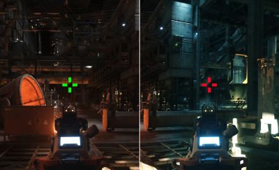 zwei Bildschirme, die die Funktion dynamisches Fadenkreuz in einer Spielszene zeigen