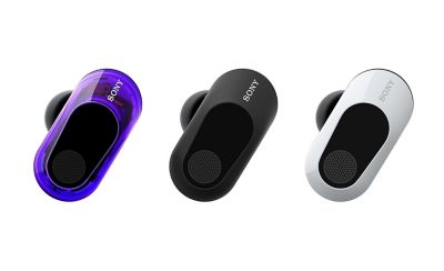 Three in ear buds, one black and purple, one black, one white and black