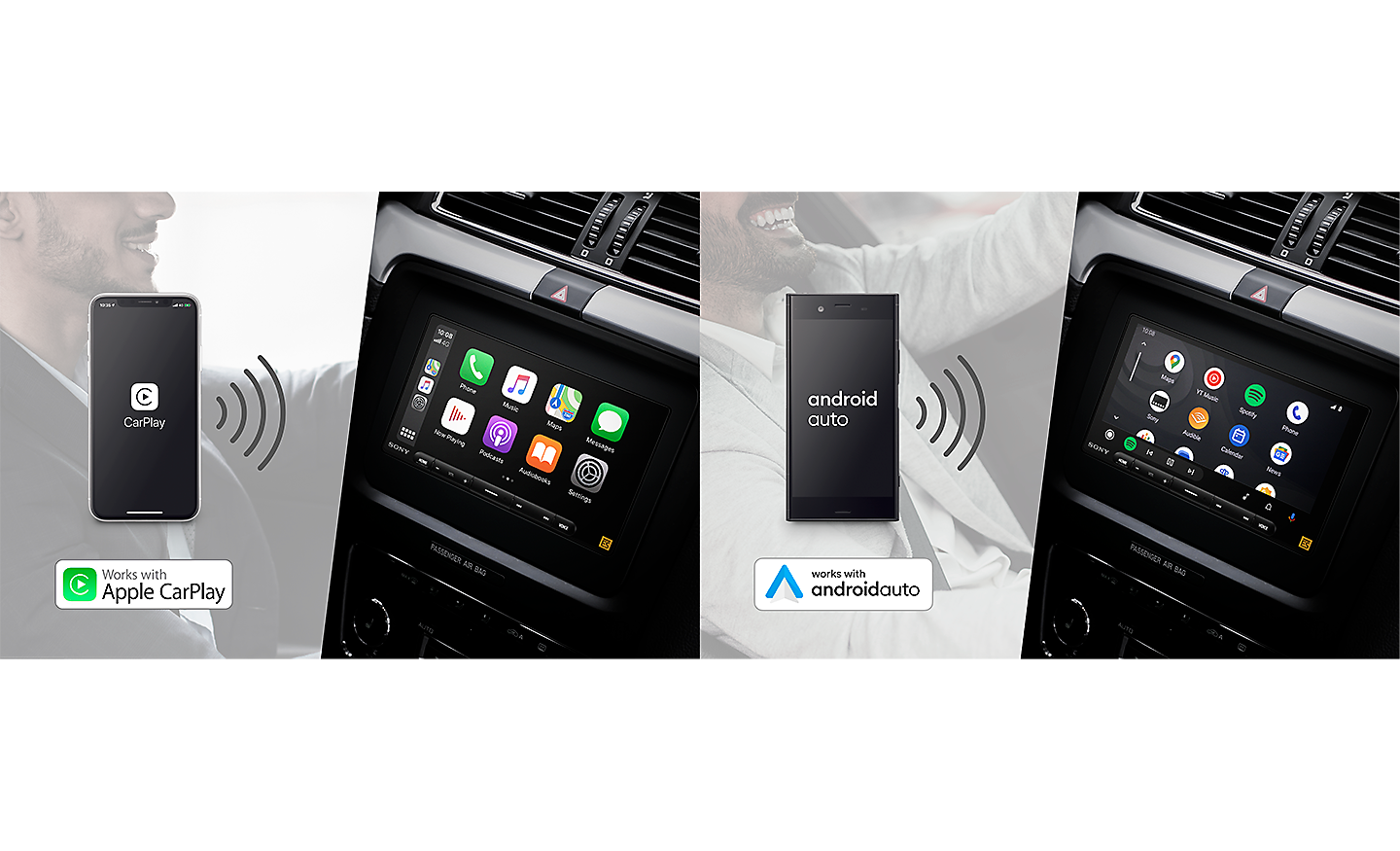 Graphic showing how the XAV-9000ES media receiver can connect with Apple CarPlay and AndroidAuto.