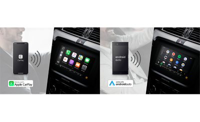 Graphic showing how the XAV-9000ES media receiver can connect with Apple CarPlay and AndroidAuto.