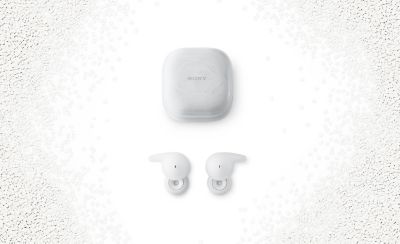 A pair of white Sony LinkBuds Open and their accompanying charging case on a white background.