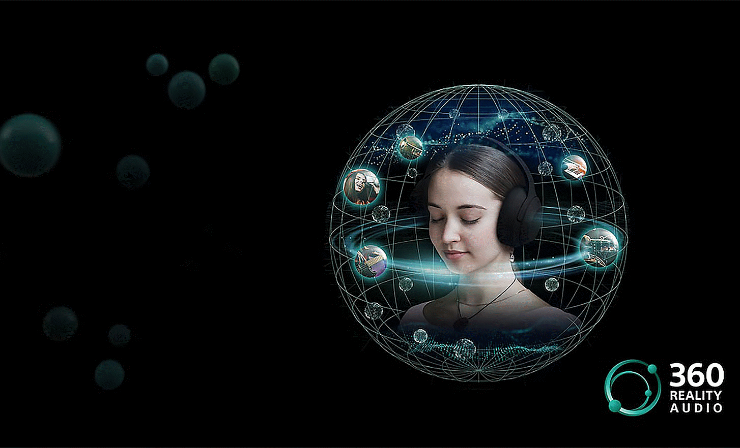 Imagen de una persona que usa audífonos rodeada de burbujas de sonido en una red circular y el logotipo de 360 Reality Audio a la derecha