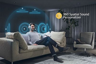 תמונה של אדם על ספה עם אוזניות מוקף במעגלים חד-מרכזיים עם לוגו של 360 Spatial Sound בצד ימין