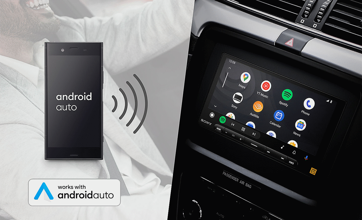 Graphic showing how the XAV-9000ES media receiver can connect with AndroidAuto.