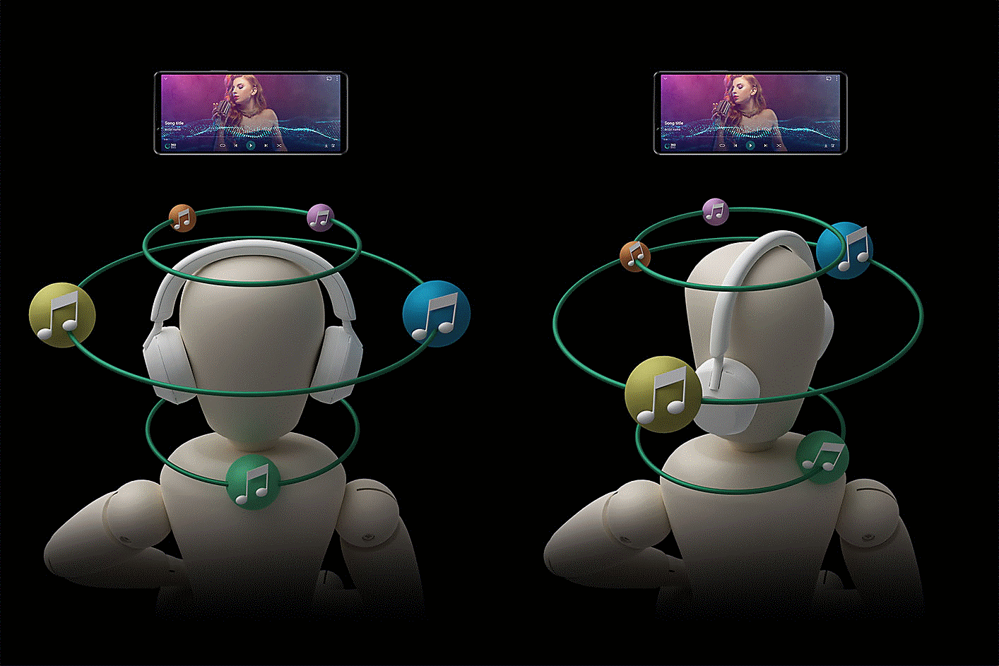 Két fejhallgatót viselő ember hangbuborékokkal körülvéve. A bal oldali ember egyenesen néz, a jobb oldali elfordítja a fejét, és a hangbuborékok is vele fordulnak