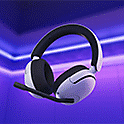 Image of the INZONE H5 headphones with the microphone in its user position with blue and purple lighting in the background