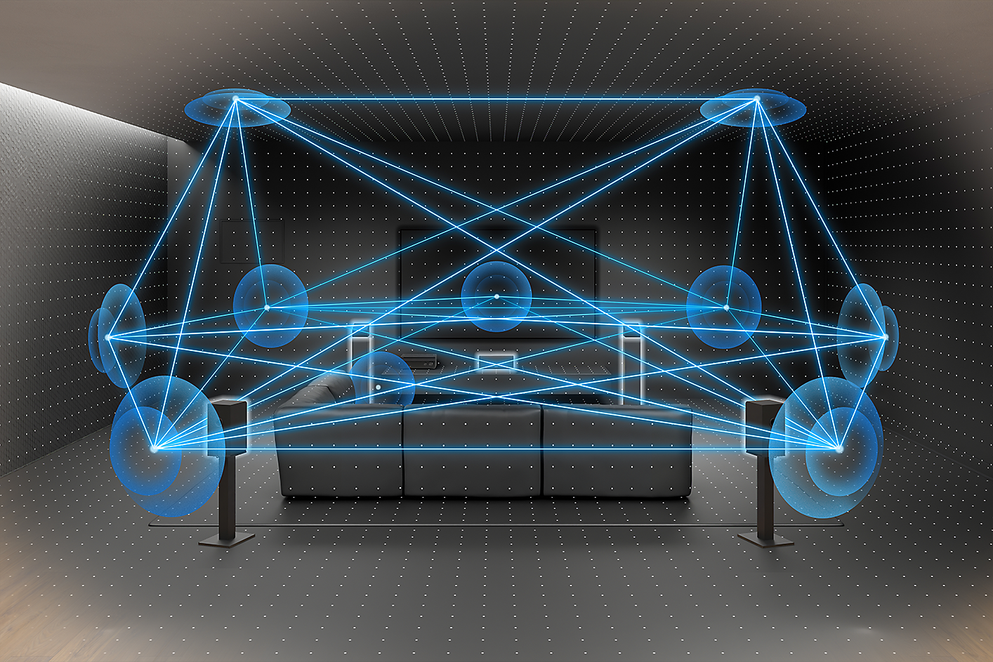 Image d'une pièce avec un canapé, un téléviseur et des enceintes. Plusieurs lignes et cercles représentent le mouvement du son