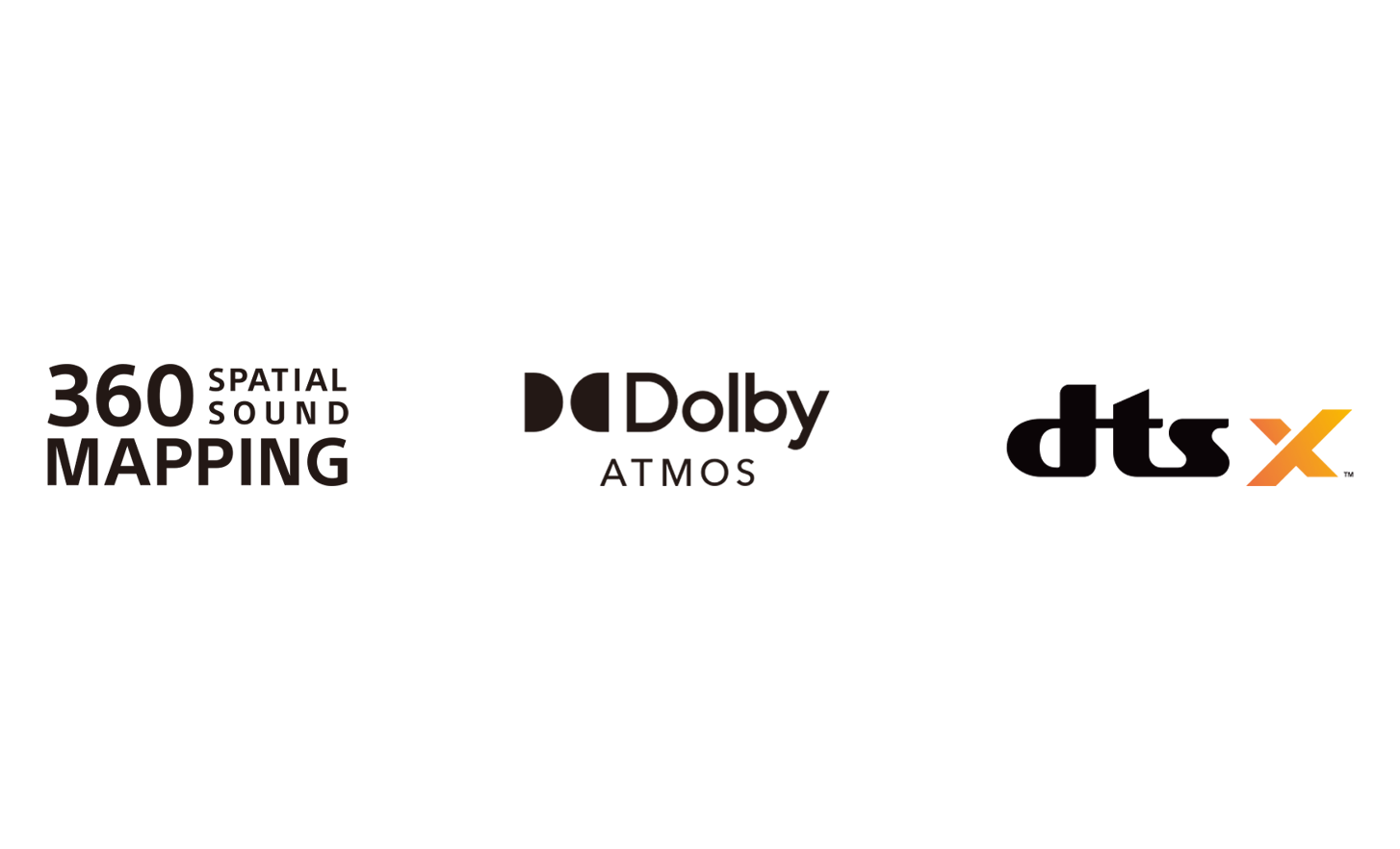 360 Spatial Sound Mapping logo, Dolby Atmos logo, dtsX logo