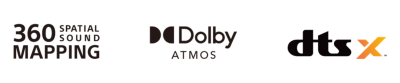 Logotip 360 Spatial Sound Mapping, logotip Dolby Atmos, logotip dtsX