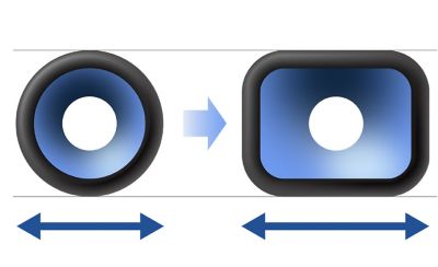 תמונה של רמקול עגול משמאל ורמקול מלבני מימין עם חץ באמצע, המצביע משמאל לימין
