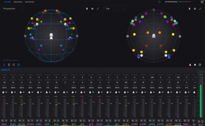 Antarmuka perangkat lunak panner 360 Reality Audio, tampilan pemosisian objek suara berbentuk bola 3D.