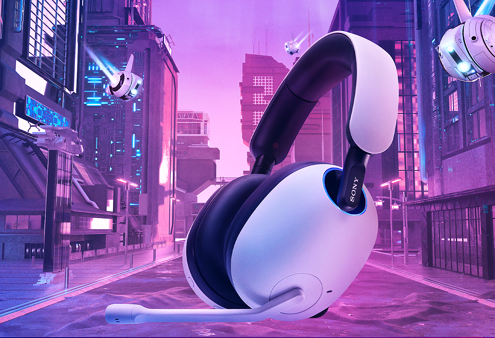 Black and white Sony gaming headset on blue background