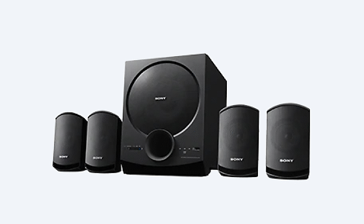 Home theatre speakers on light grey background