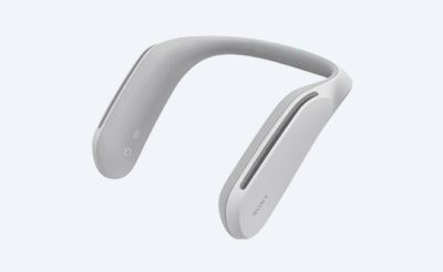 Wearable neck speaker on light-grey background