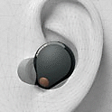 Image of the WF-1000XM5 headphone sitting inside a 3d drawing of an ear