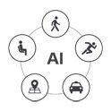Icon with AI in the middle and bubbles of different activities surrounding the text