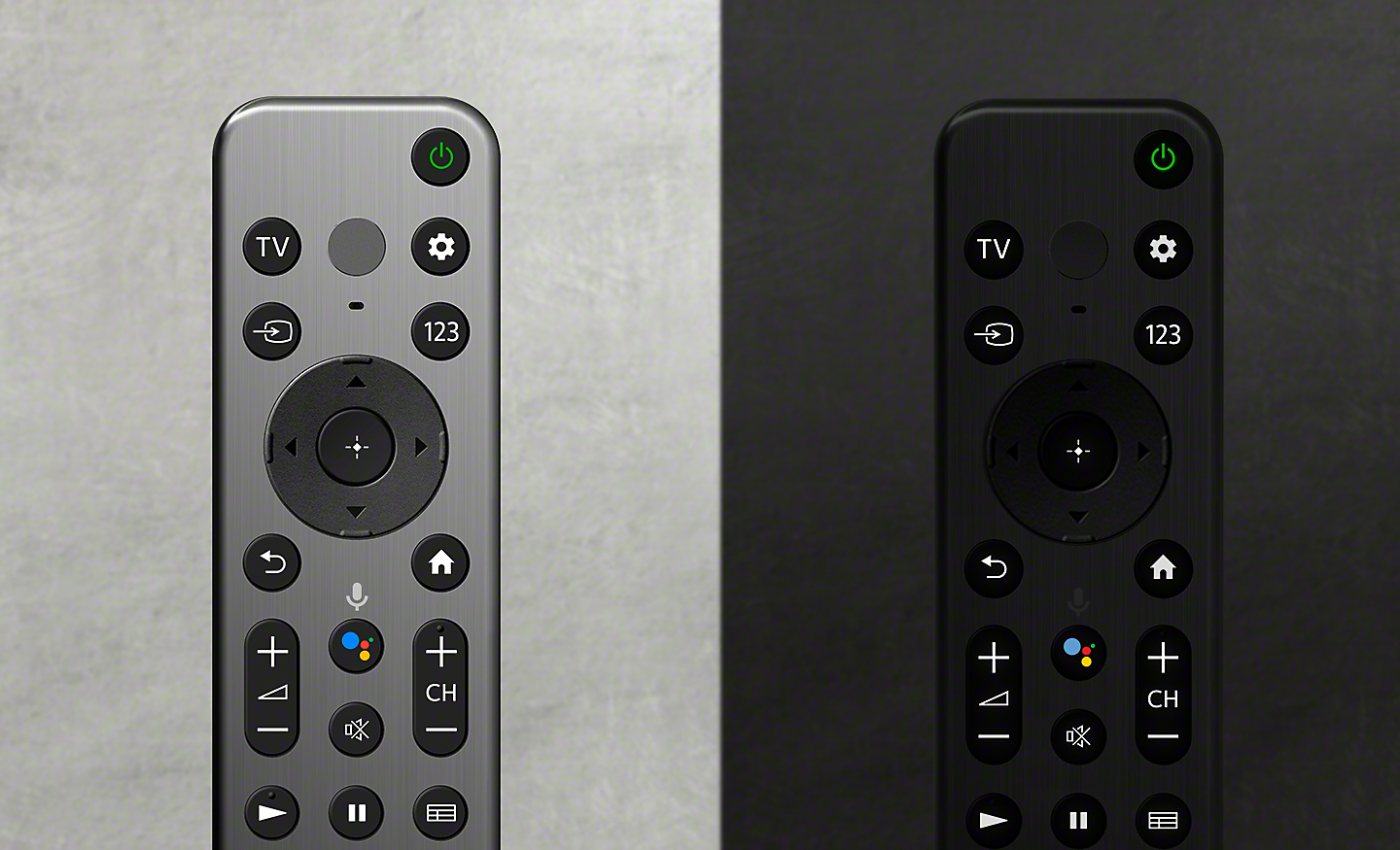  Images of two remotes, on the right a remote in silver and on the left a remote in black