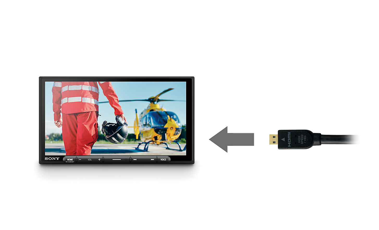 Image of a HDMI cable with an arrow pointing towards the XAV-AX6050 with a pilot and helicopter on-screen 