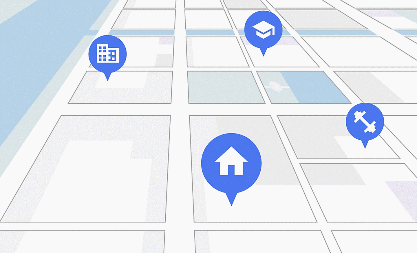 Obrázok digitálnej mapy s ikonami domu, posilňovne, práce a školy v modrých značkách
