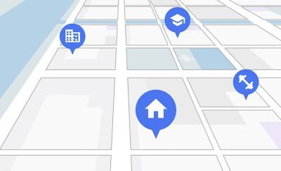 數位地圖的圖像，藍色圖釘中有家庭、健身房、辦公室和學校圖示