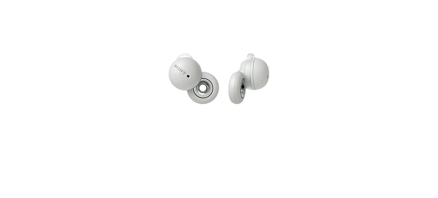 Image of the white Sony LinkBuds headphones. One earbud is shot from behind, the other from the side