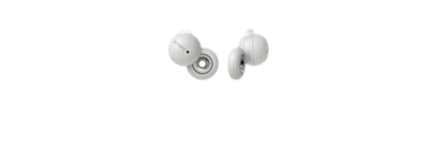Image of the white Sony LinkBuds headphones. One earbud is shot from behind, the other from the side