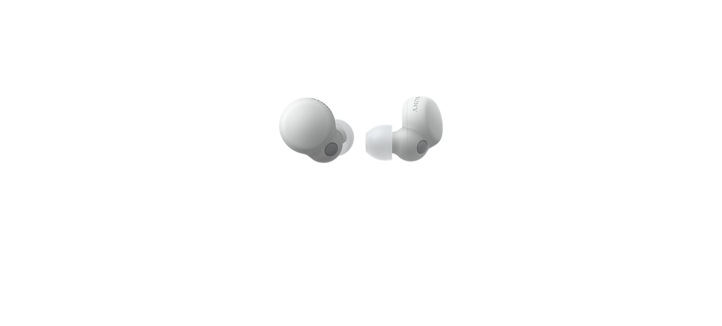 Image of the white Sony LinkBuds S headphones. One earbud is shot from behind, the other from the side
