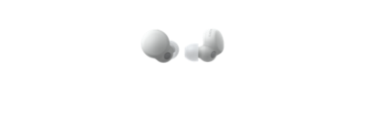 Image of the white Sony LinkBuds S headphones. One earbud is shot from behind, the other from the side
