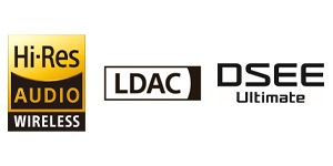 Image of Hi-Res AUDIO WIRELESS, LDAC and DSEE Ultimate logos sitting side by side