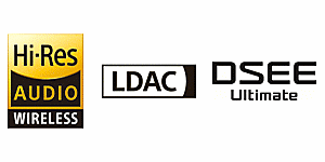 Snímek loga technologie Hi-Res AUDIO WIRELESS, LDAC a loga DSEE Ultimate vedle sebe