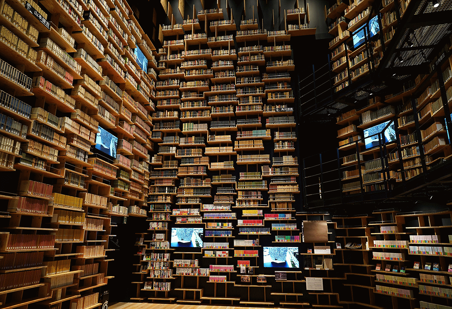 Zdjęcie wnętrza biblioteki zrobione tym obiektywem z bardzo wysoką rozdzielczością w każdym rogu