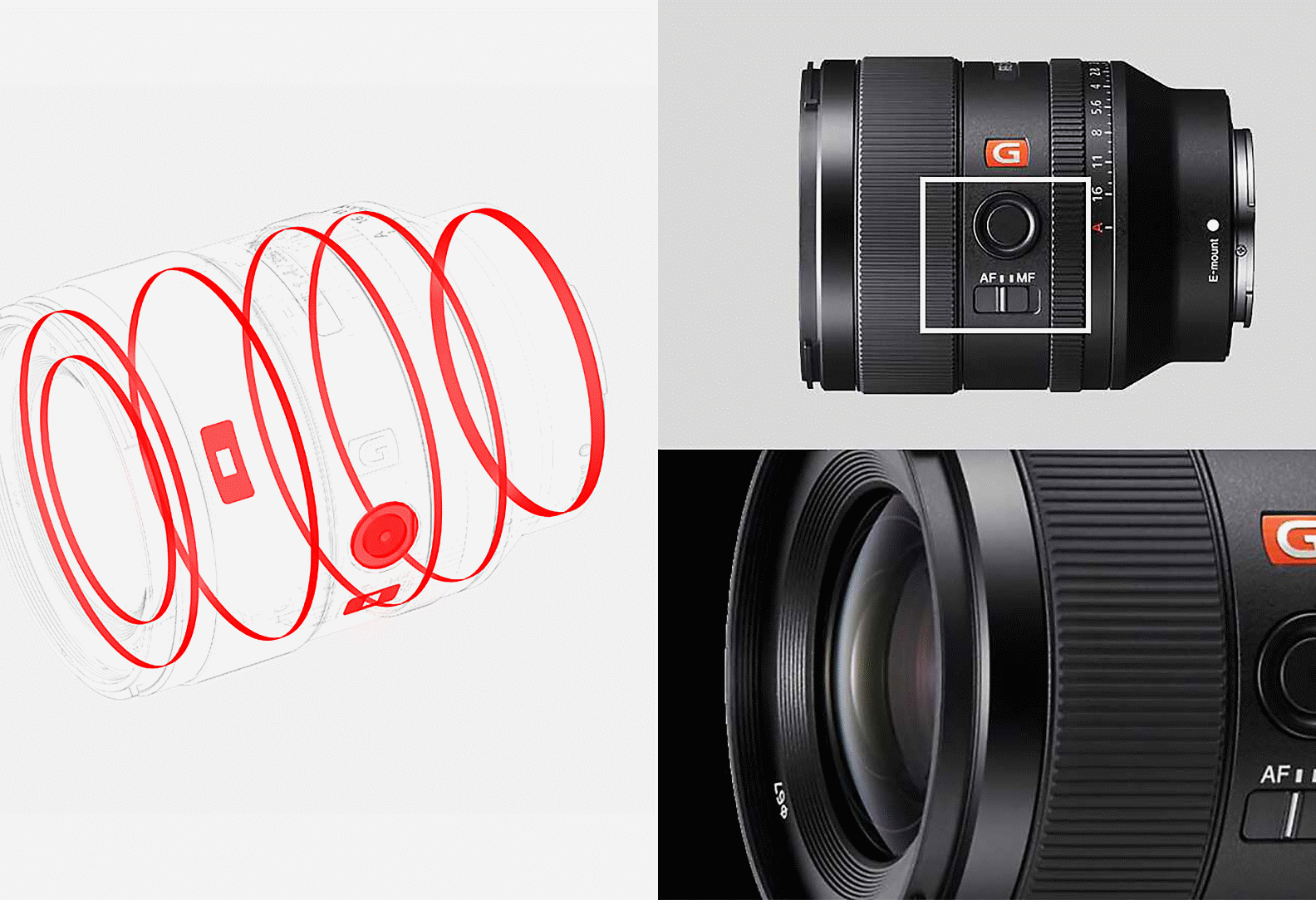 Produktbilde som viser bryter for fokusmodus og illustrasjon av støv- og fuktbestandig design
