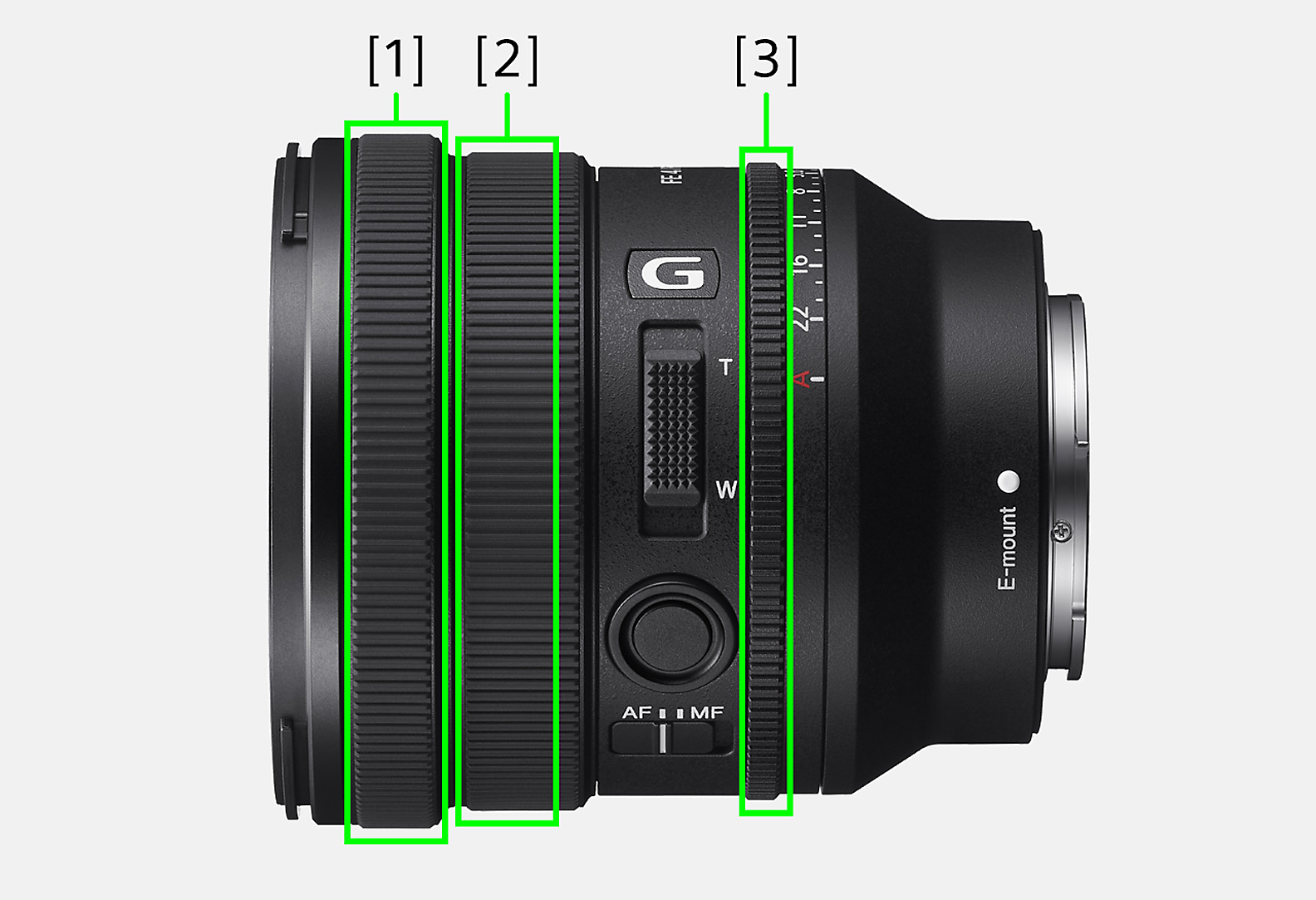 Product image showing Focusing ring, Zoom ring, and Aperture ring